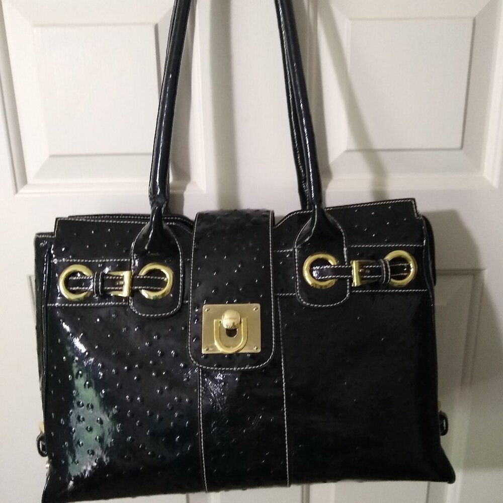 Charlie Lapson Designer Handbag Ostrich grain patent Leather